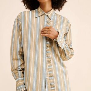 Striped Ruffle-Trim Button Down Shirt - Beige/Blue